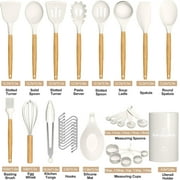 Kitchen Cooking Utensils Set, 33 pcs Non-stick Silicone Cooking Kitchen Utensils Spatula Set with Holder, Wooden Handle Silicone Kitchen Gadgets Utensil Set (Cream White)