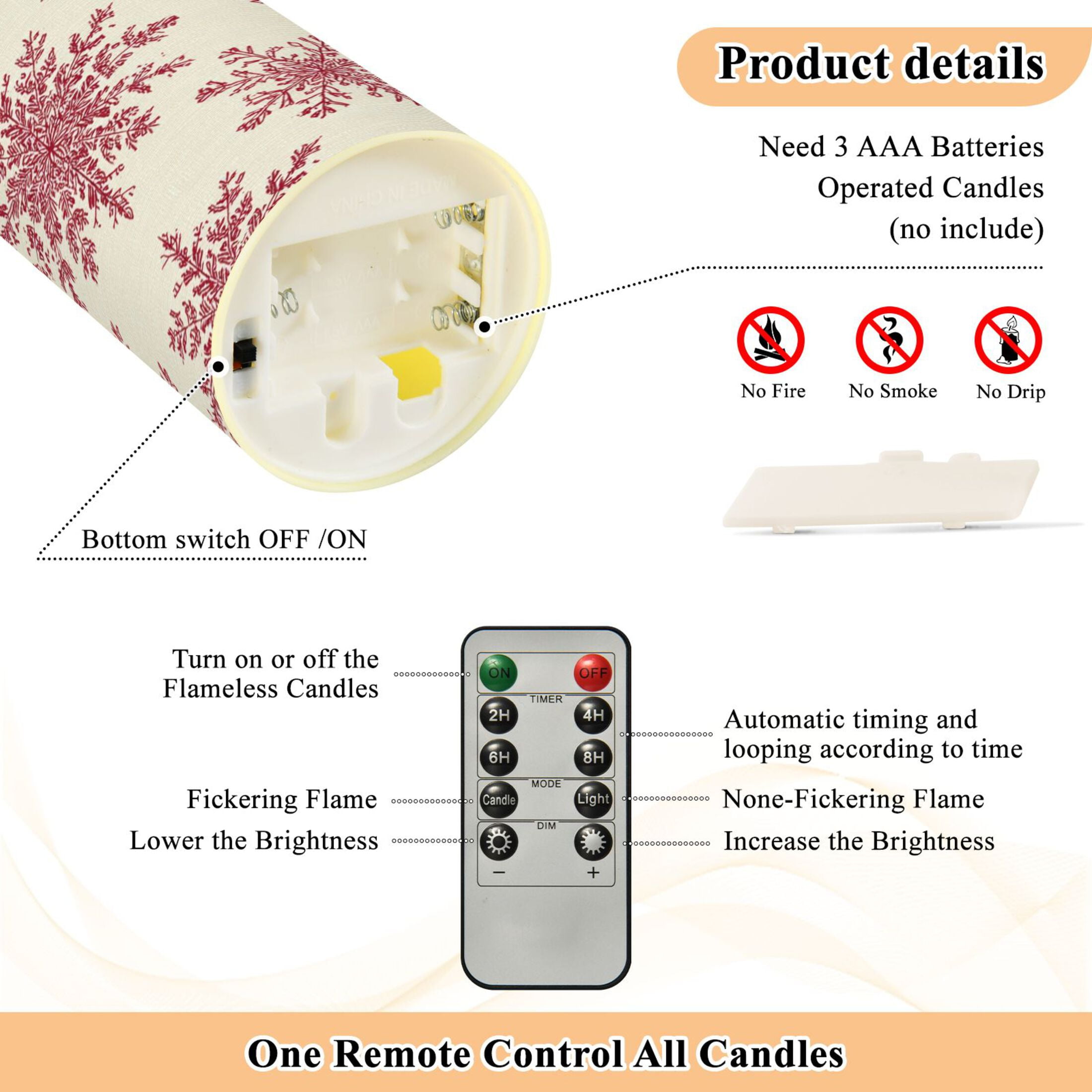 2 PCS Tilted Flameless Candles Flickering LED Lights Battery Operated Candles with Remote Timers for Holiday Decor Elegant Red Snowflakes Pattern
