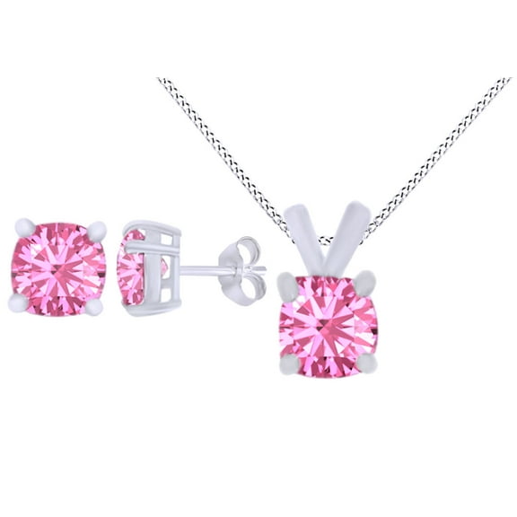 Cushion Cut Simulated Pink Sapphire Solitaire Jewelry Set In 14K White Gold Over Sterling Silver