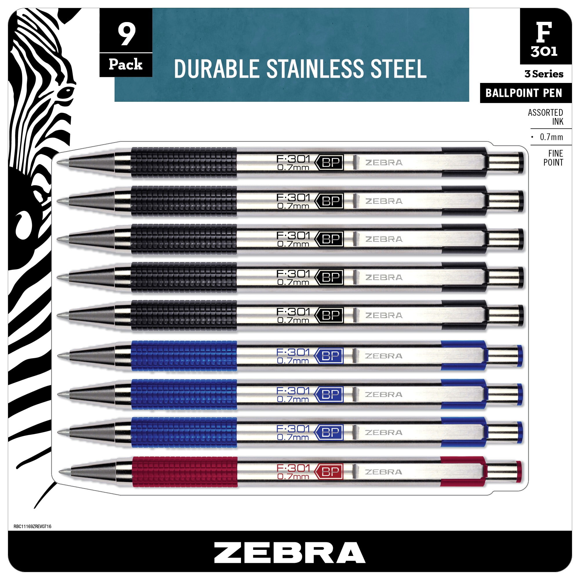 Zebra Pen F 301 Ballpoint Stainless Steel Retractable Pen 0 7mm Assorted Ink 9 Pack Walmart Com