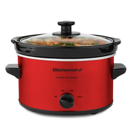 Elite Gourmet MST-275XR Electric Oval Slow Cooker, Adjustable Temp, Entrees, Sauces, Stews & Dips, Dishwasher Safe Glass Lid & Crock (2 Quart, Metallic Red)