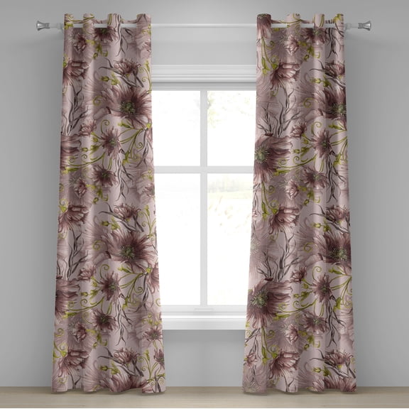 Ambesonne Poppy Grommet Curtain, Garden Themed Vintage Floral, 50"x120", Blush Yellow Green