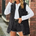 thumbnail image 4 of AOMPMSDX Women's Outerwear Vests Woman Denim Vest Fashion Medium Long Coat Turn Down Collar Coat Sleeveless Denim Jacket M Black, 4 of 7