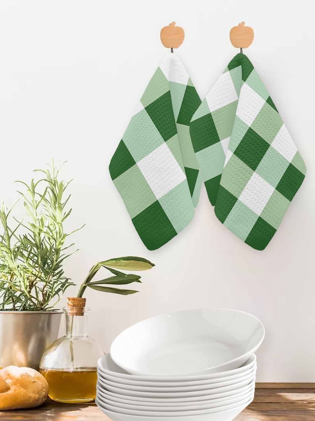 Green Plaid Kitchen Dish Towels for Drying Dishes Set of 3, Spring Summer Farmhouse Buffalo Checkered Waffle Weave Microfiber Hand Tea Bathroom Towels Quick Dry & Absorbent Towel 12x12