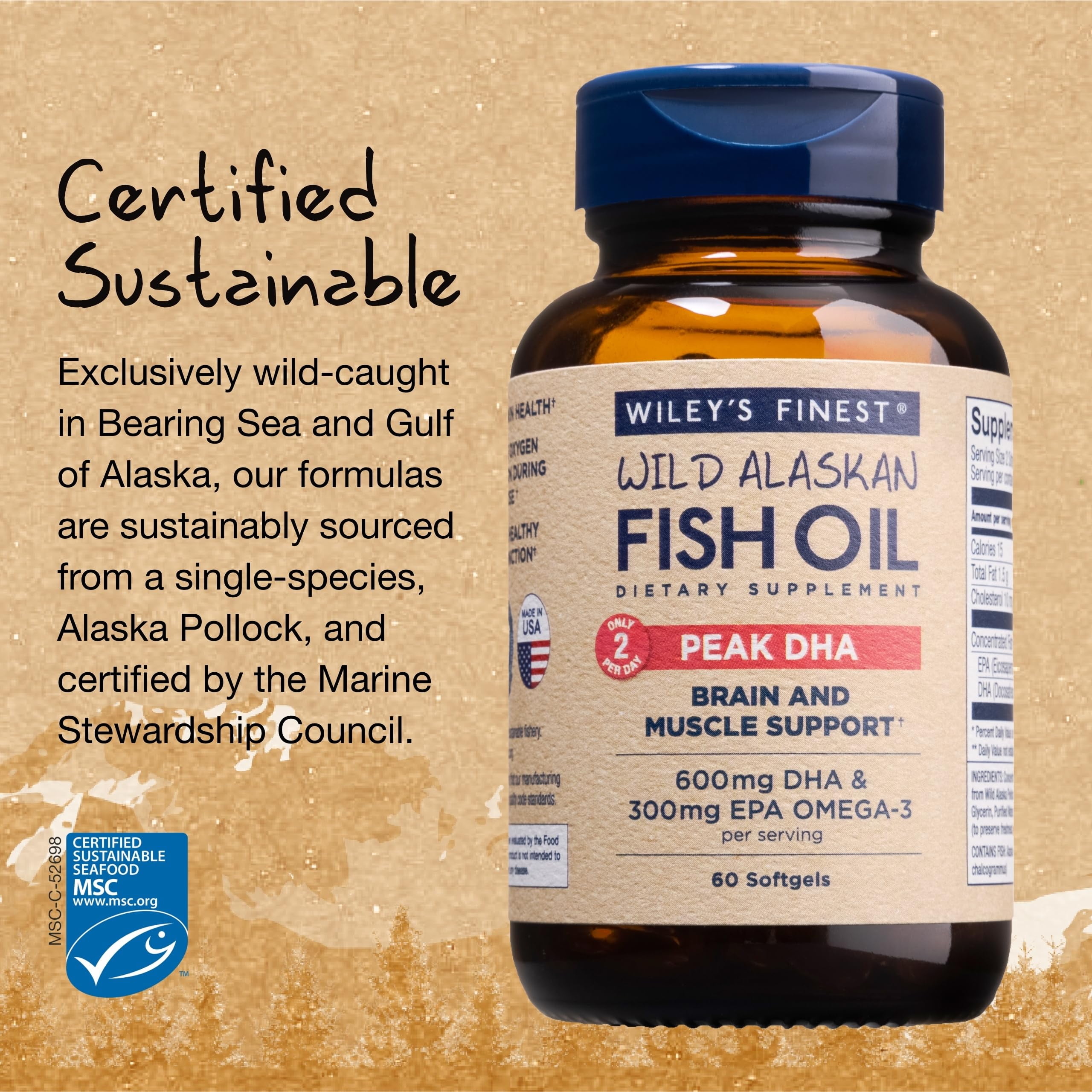 Wiley's Finest Wild Alaskan Fish Oil Peak DHA - 900mg EPA and DHA Omega-3s - 60 Softgels (30 Servings)