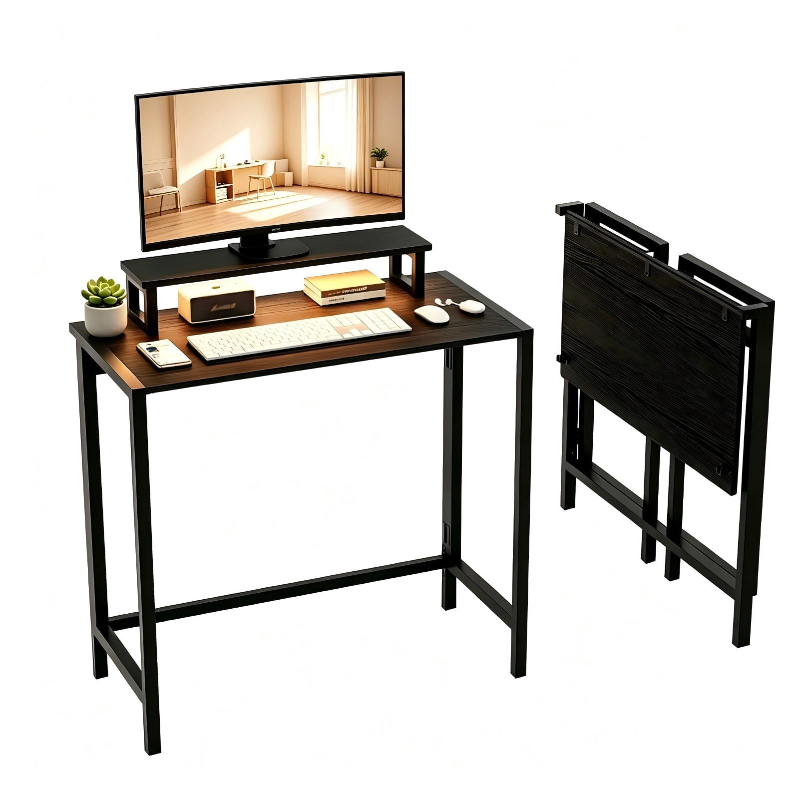 Astoutdoor Gaming Desk with Desktop Shelf and Lighting, Foldable Computer Desk, Black, 31.5 in