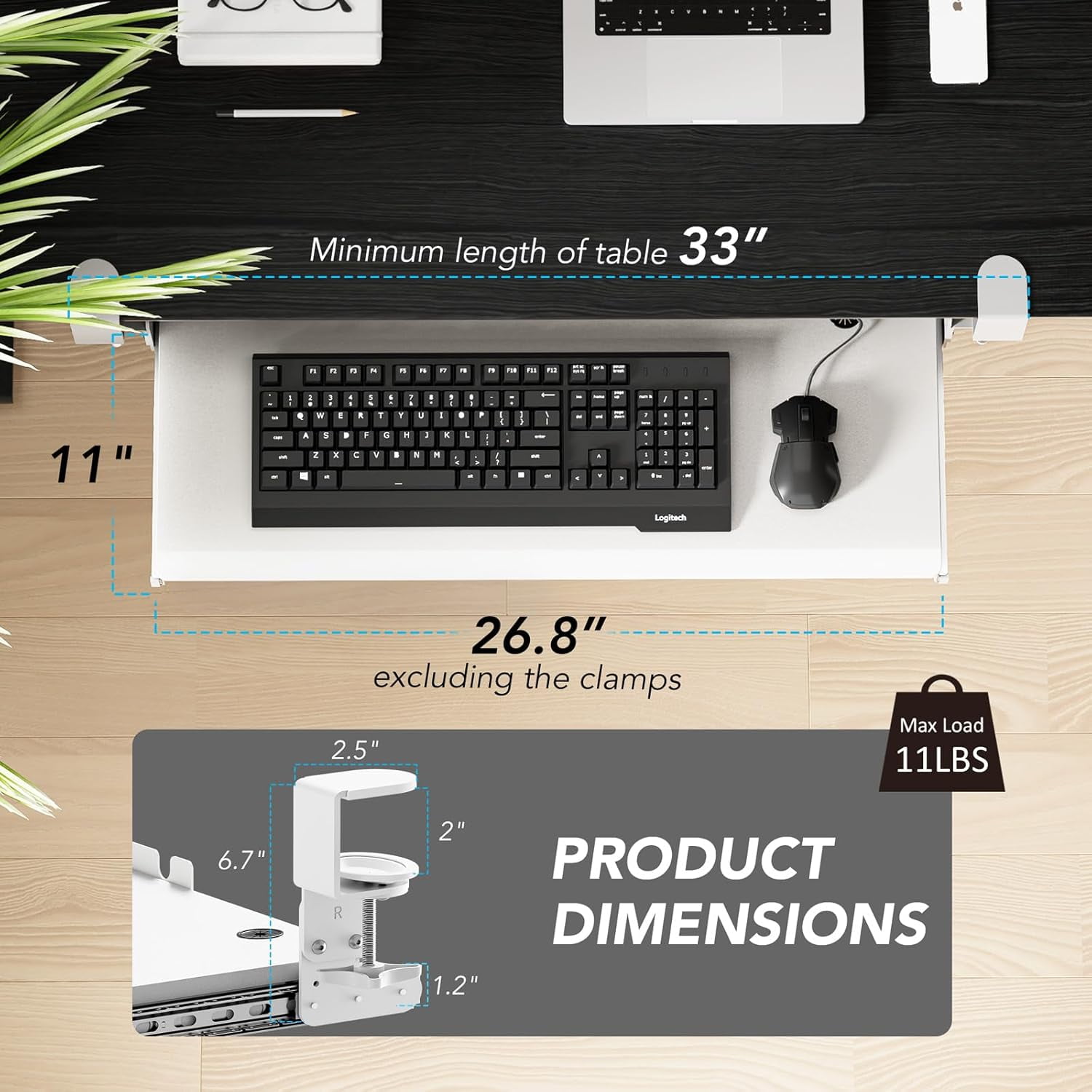Keyboard Tray Under Desk Pull Out with Extra Sturdy C Clamp Mount System, 27.3 (32.5 inch Including Clamps) x 11 Inch Slide-Out Platform Computer Drawer for Typing White AX01WW01