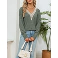 thumbnail image 5 of SHIBEVER Womens Tops Long Sleeve shirt sweater V Neck Eyelet Business Casual 2024 Blouses Smocked Puff Fall clothes AMRY GREEN, 5 of 5