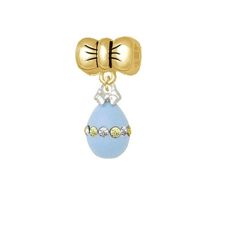 Easter Egg Bead - Light Blue Easter Egg with Multicolored Crystal Band - Gold Tone Bow Charm Bead