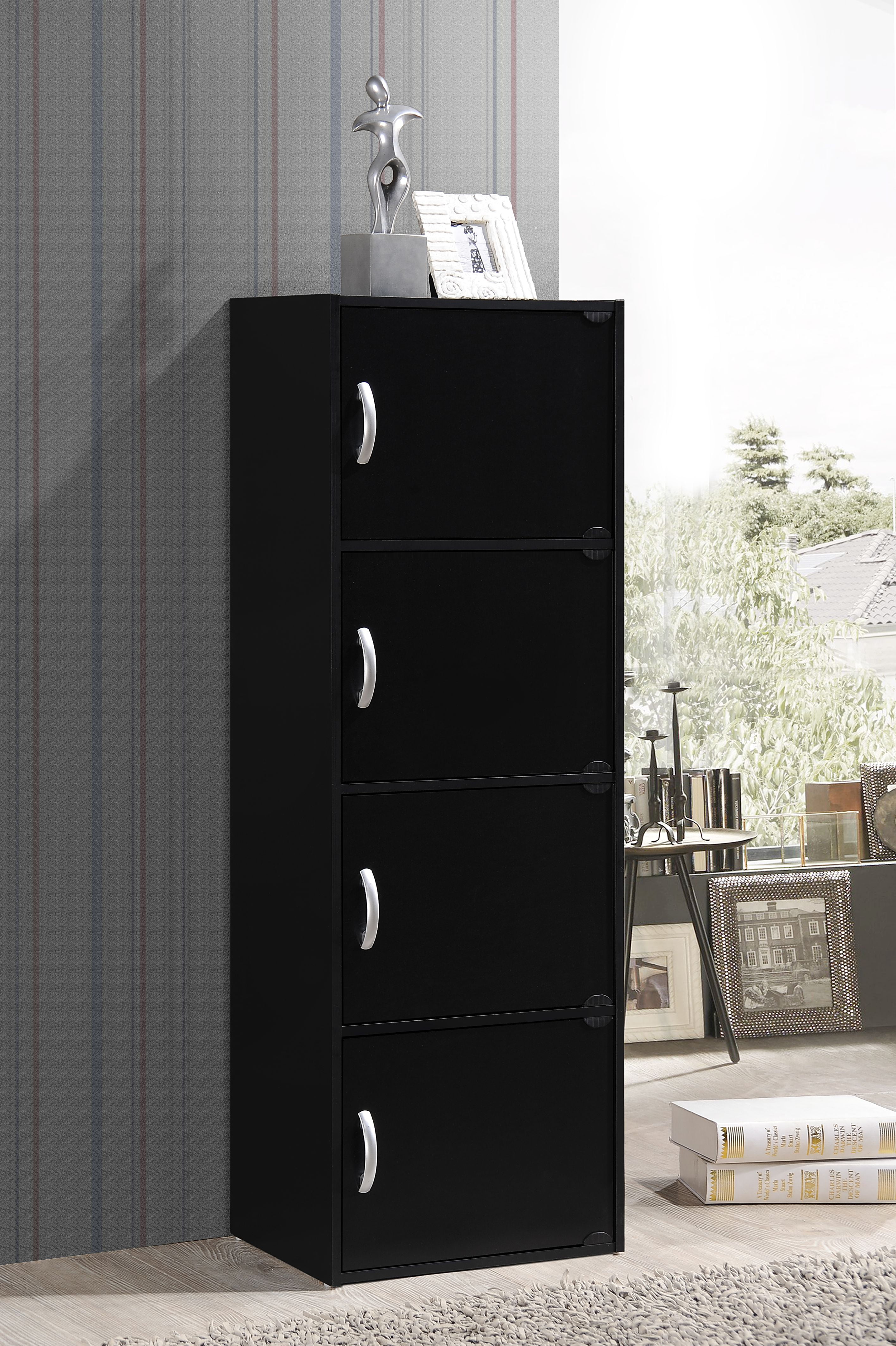 Hodedah 4-Shelf, 4-Door Bookcase in Black