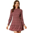 thumbnail image 1 of Unique Bargains Robe Mini Vintage à Volants Col Rond Smocké à Fleurs Marron-Rose L, 1 of 6