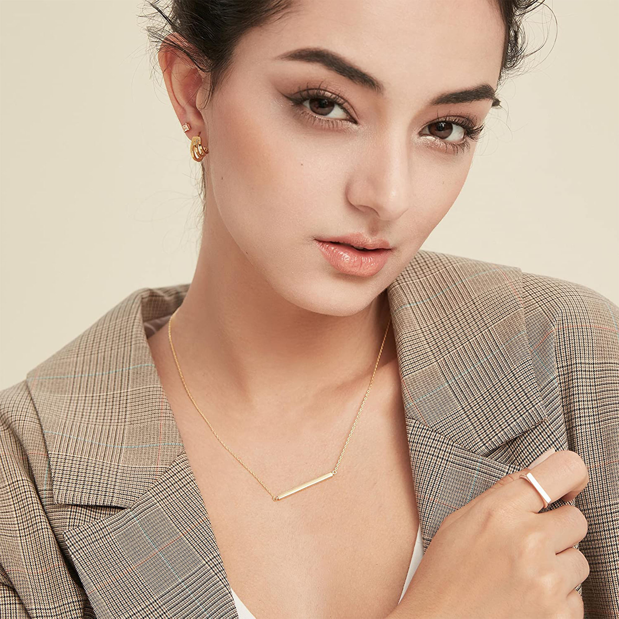S.Leaf Bar Necklace for Women Bar Necklace Sterling Silver Dainty Necklace (Gold)
