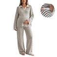 thumbnail image 2 of LEKWK Maternity Pajamas Striped Lounge Lounge Set Collared Long Sleeve Top and Wide Leg Pants Adjustable Waistband Hospital Bag Postpartum Pregnancy Pjs, 2 of 9