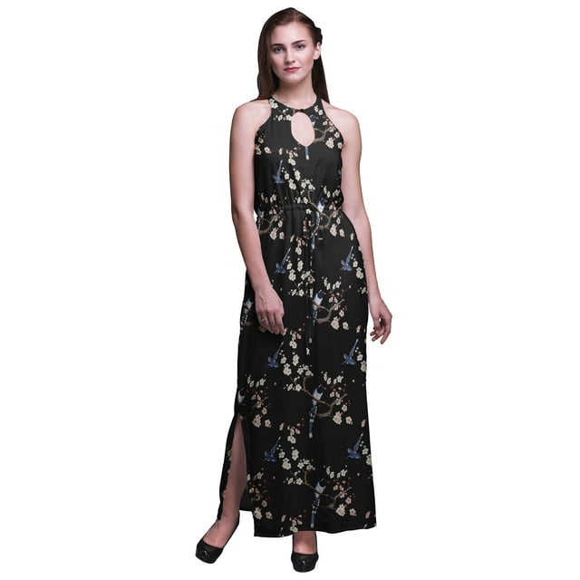 Bimba Robe Maxi Longue Sans Manches à Imprimé Oiseaux pour Femmes avec Fentes Latérales Tenue d'Été-petite Noire