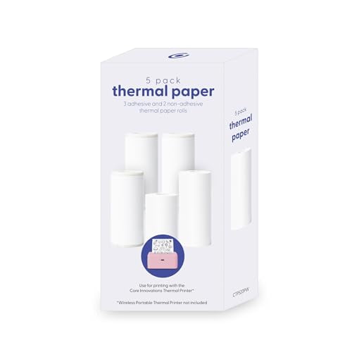Paquete de papel y pegatinas para impresora térmica Core Innovations: (3) rollos de adhesivo y (2) rollos de papel para fotos, etiquetas y pegatinas, blanco (5 rollos)