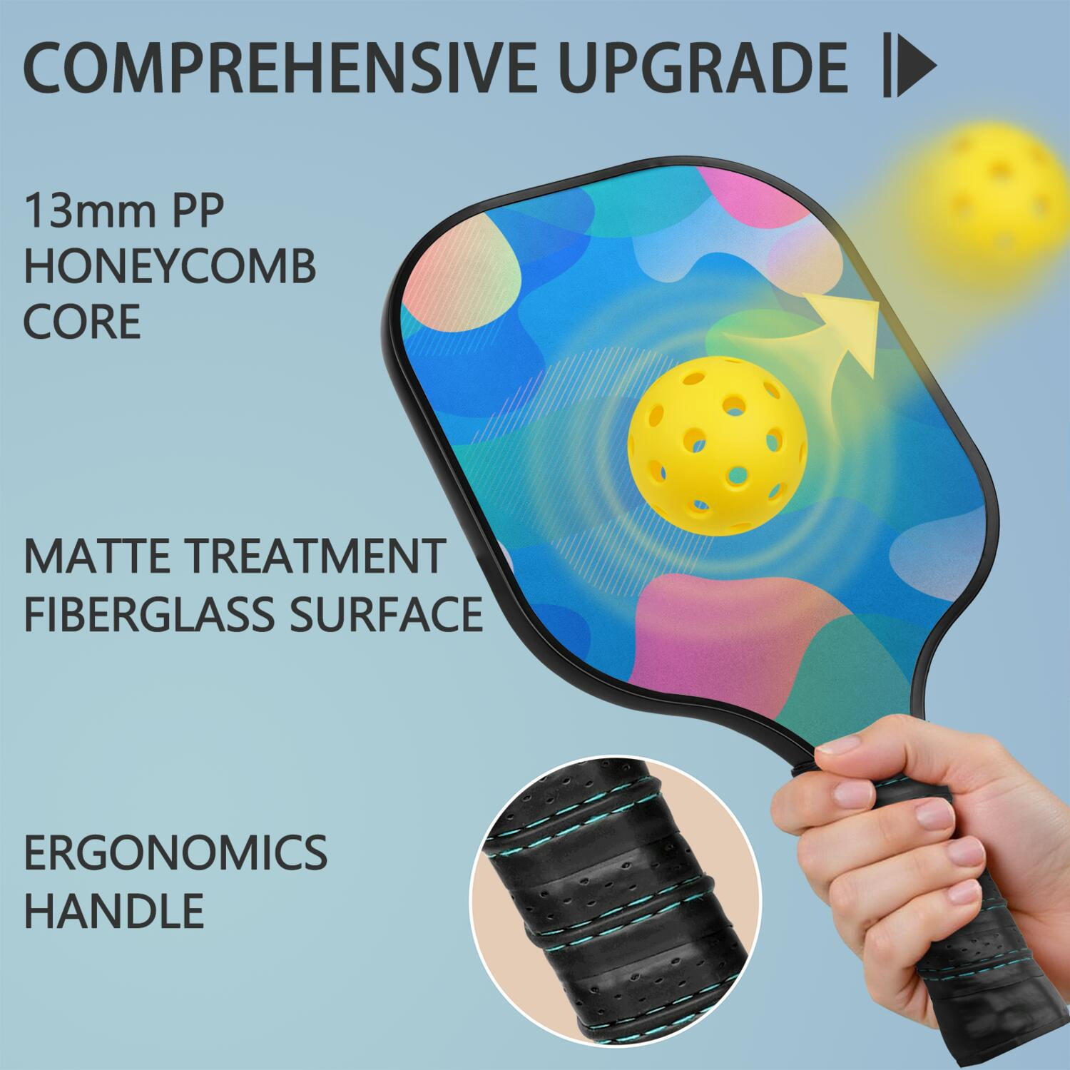 Pickleball Paddles Set Of 2, Fiberglass Surface, Neon Fluid Print, 4 Balls & Bag