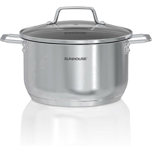 Sunhouse Stock Pot with Lid - 6.5 QT Large Pot for Cooking Pasta, Soup, Spaghetti - Ultra Thick 5-ply Base 18/8 Stainless Steel Pots for Canning, Boiling - Oven Safe & Induction Compatible Cookware