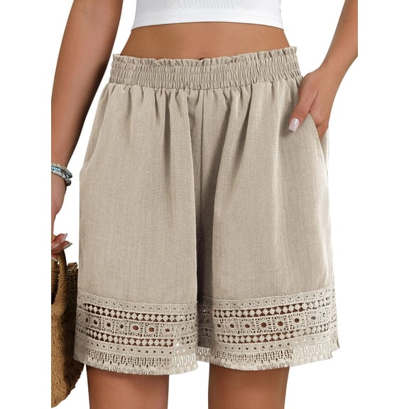Women'S Casual Elastic Waist Lounge Shorts Comfy Lace Trim Summer Beach Linen Ruffle Shorts Color S