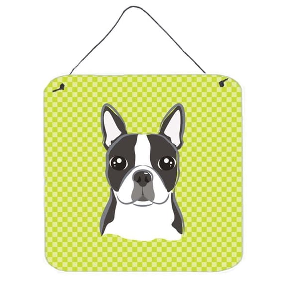 Checkerboard Lime Green Boston Terrier Aluminum Metal Wall Or Door Hanging Prints, 6 x 6 In.