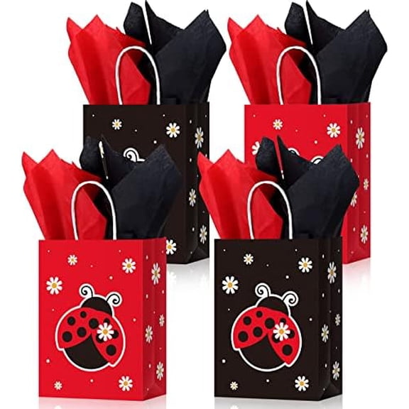 16 Count Ladybug Cartoon Party Bags with Handles, Black & Red, 8.3 x 5.9 x 3.2 inches, Birthday & Baby Shower Occasion$$Home Decor, Kitchen, & Other