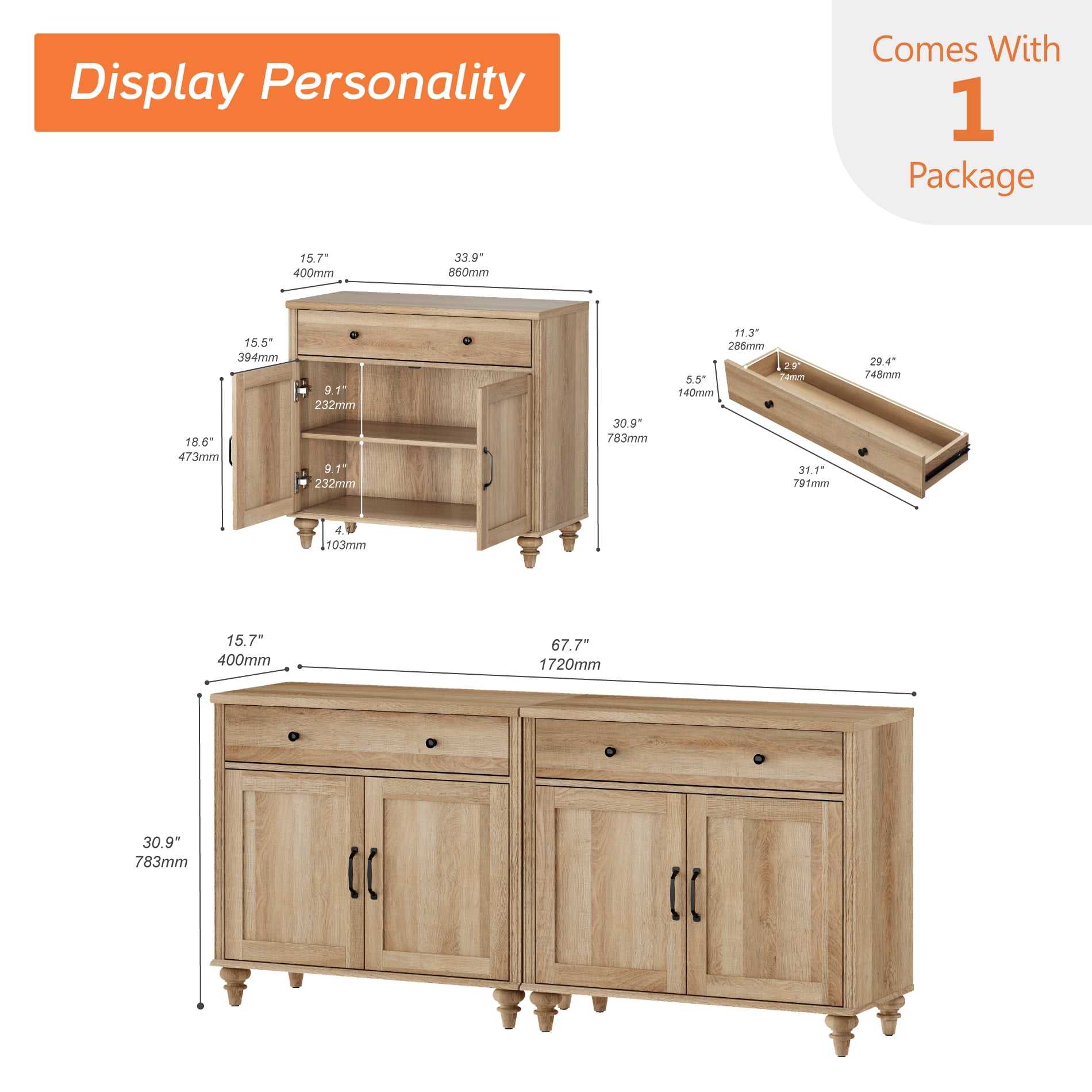 WAMPAT Large TV Stand for 75 inch TV with 4 Doors and 2 Drawers, Wood Universal TV Console Table with Storage Cabinets, Entertainment Center TV Console Table for Living Room & Bedroom, Oak