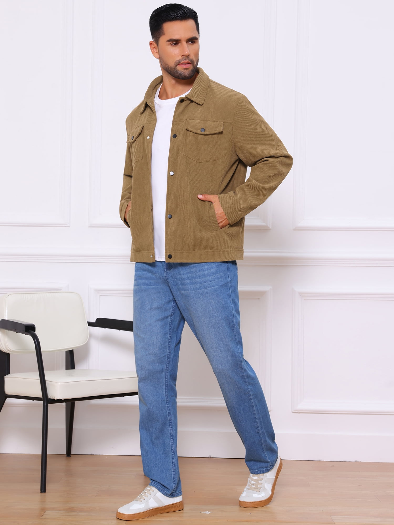DARING DIVA Men's Solid Long Sleeve Button Pockets Corduroy Trucker Jacket XL Brown
