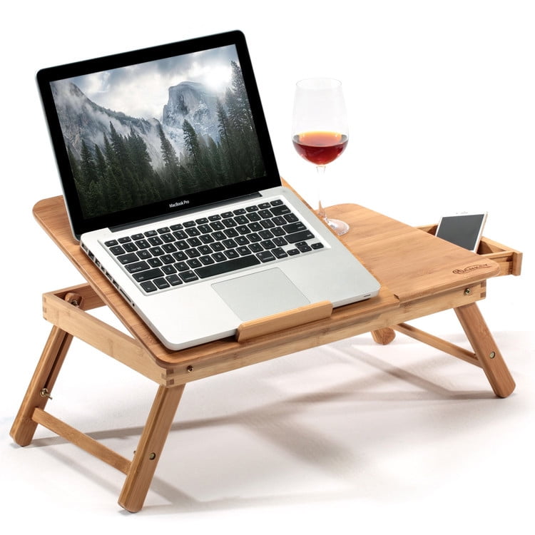 Portable Bamboo Laptop Desk Table Adjustable Breakfast Serving Tray with Drawer Antislip Baffle