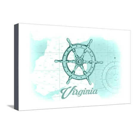Virginia - Ship Wheel - Teal - Coastal Icon Stretched Canvas Print Wall Art By Lantern