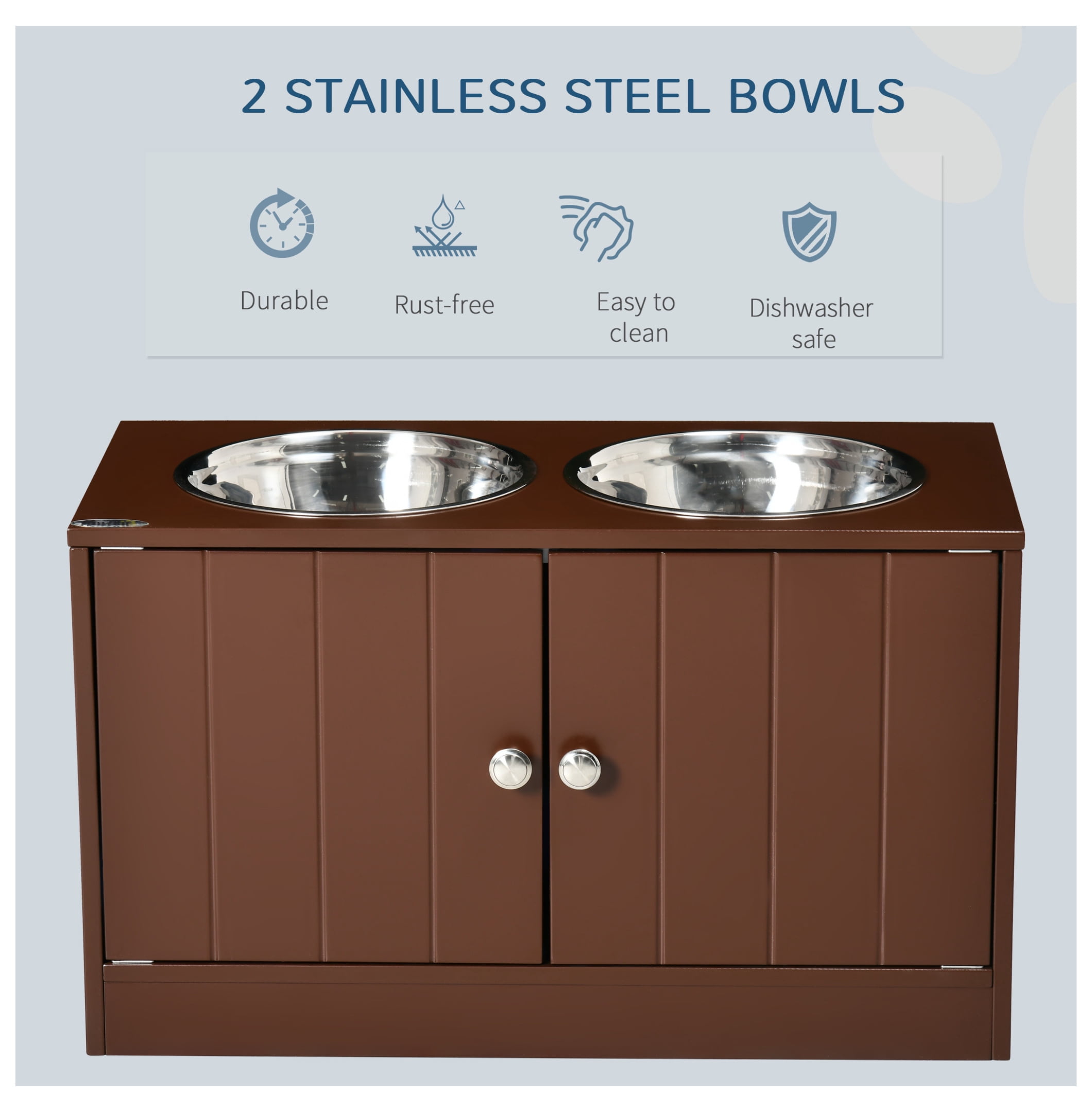 Raised Dog Bowls with Storage, Dog Bowl Stand with Cabinet, Stainless Steel Pet Feeder, Elevated Dog Food Bowl Station for Large Dogs, Brown