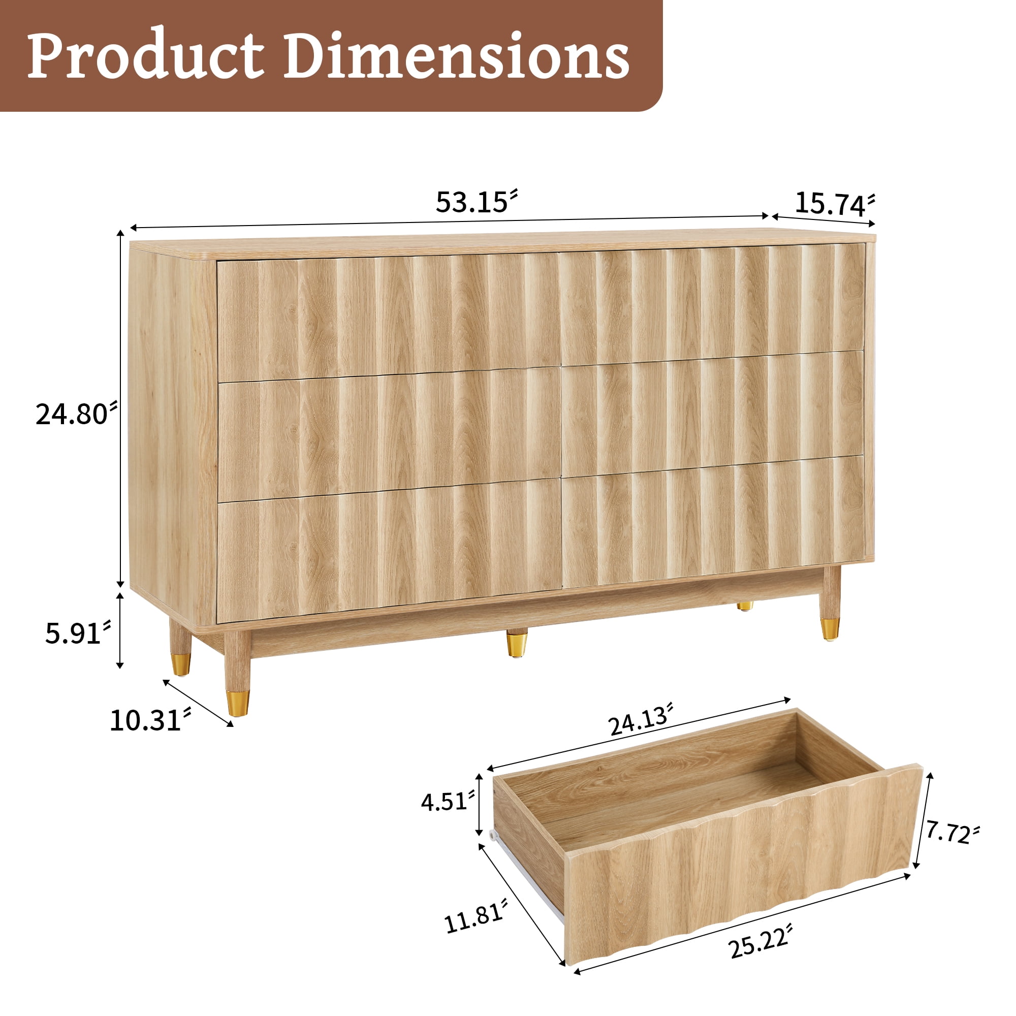 LEFHDA 53" Dresser Fluted 6 Drawer Dresser, Large Modern Chest of Drawers, Wide Wood Storage Dressers Organizer Storage Cabinet for Bedroom Living Room Hallway Entryway