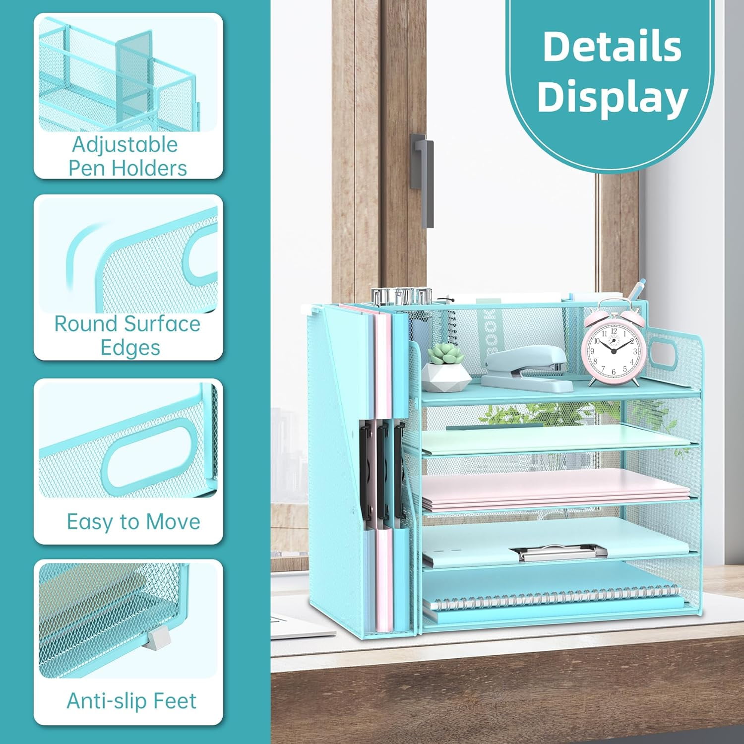 INTIGE 5-Tier Desk Organizer with 3 Pen Holders, Desktop Organizer with Magazine File Holder, Mesh Office Accessories and Pen Tray for File Organization
