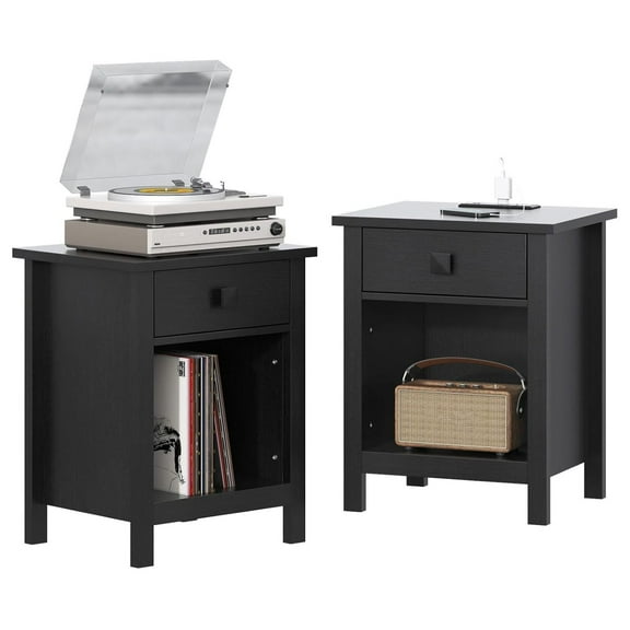 Set of 2 Nightstand with Charging Station, 23.6 Inch Side Table with Wood Drawers and Storage Shelf, End Table Bedside Table with USB Ports and Outlets, Night Stand for Bedroom, Black
