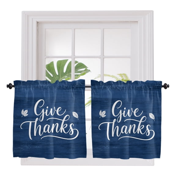 Thanksgiving Give Thanks 2 Panel Kitchen Curtains for Small Windows, Fall Maple Leaves Indigo Blue Bathroom Tier Curtain, Short Window Treatment for Bedroom/Living Room 55"x24"