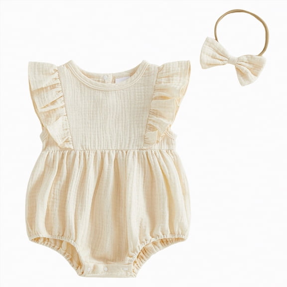 mgoYE Baby Girl Summer Clothes Newborn Outfit Ruffle Romper Infant Baby Dress Bow Headband Solid Cute Outfits Girls(Beige,6-12 Months)