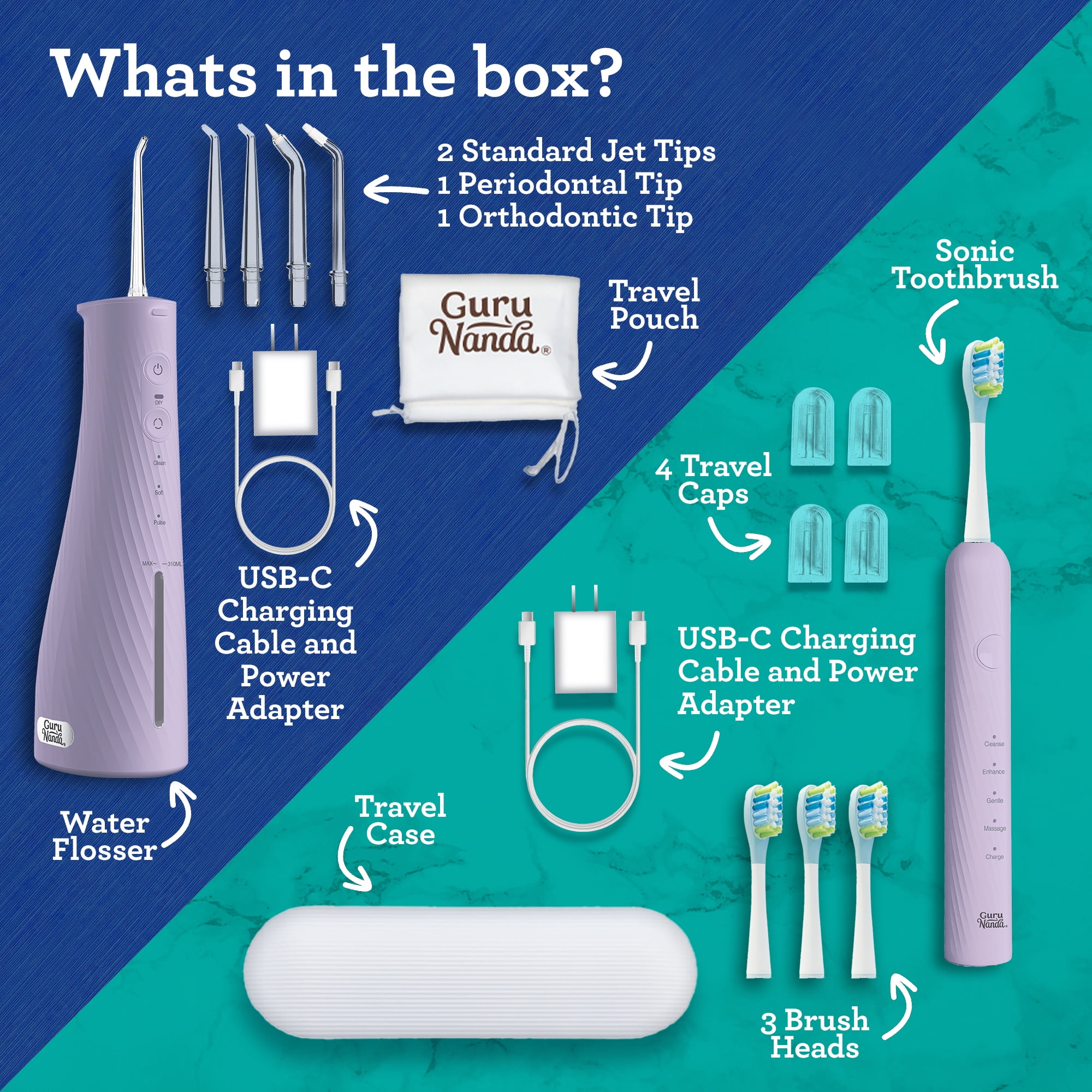 GuruNanda Lion & Lamb Kit 2.0 Electric Toothbrush with Water Flosser, 4 Jet Tips, 4 Brush Heads,Lavender