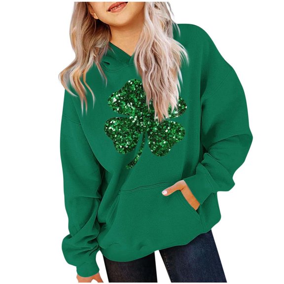 Bnwani Hoodies for Girls Long Sleeve Pockets Short Sweatshirt St. Patrick'S Day Printed Tops Pullover