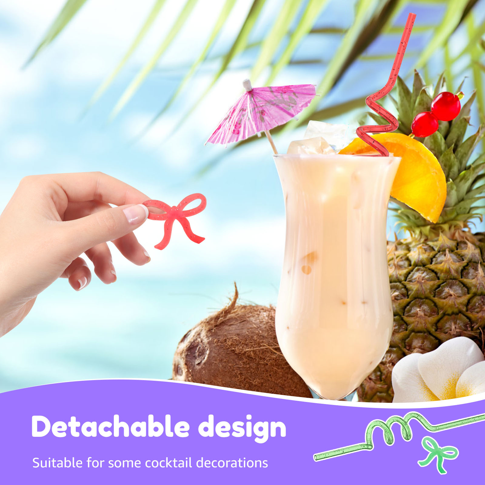 48 Pcs Colorful Straws Reusable Straws Thickened PET Spiral Detachable Bow for Parties
