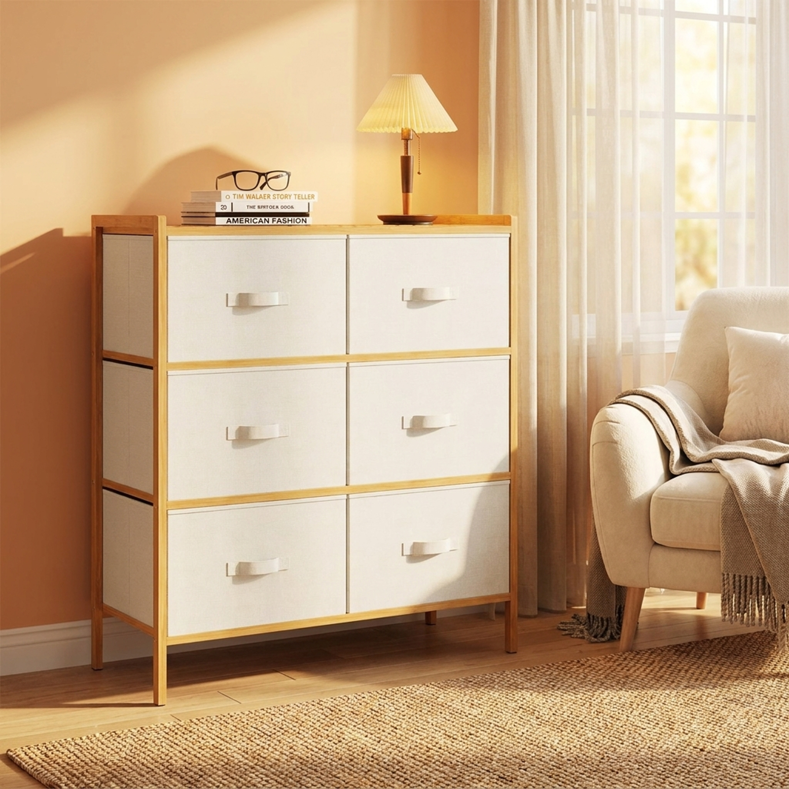 Furnibear Fabric Dresser with 6 Drawers with 6 Folding Fabric Bins for Bedroom Living Room for Bedroom Closet Living Room Nursery Clothes, Natural