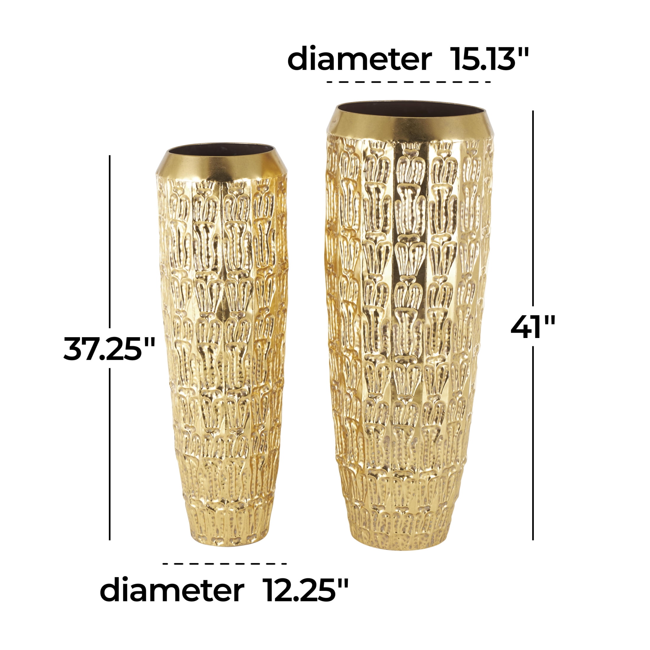 DecMode 41", 37"H Tall Gold Metal Vase with Grooved Patterns, Set of 2