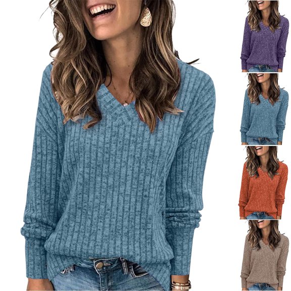Sweaters For Women Casual Solid Color Long-sleeved Knitted Loose Blue V Neck Winter Sweaters Blouse S-2XL