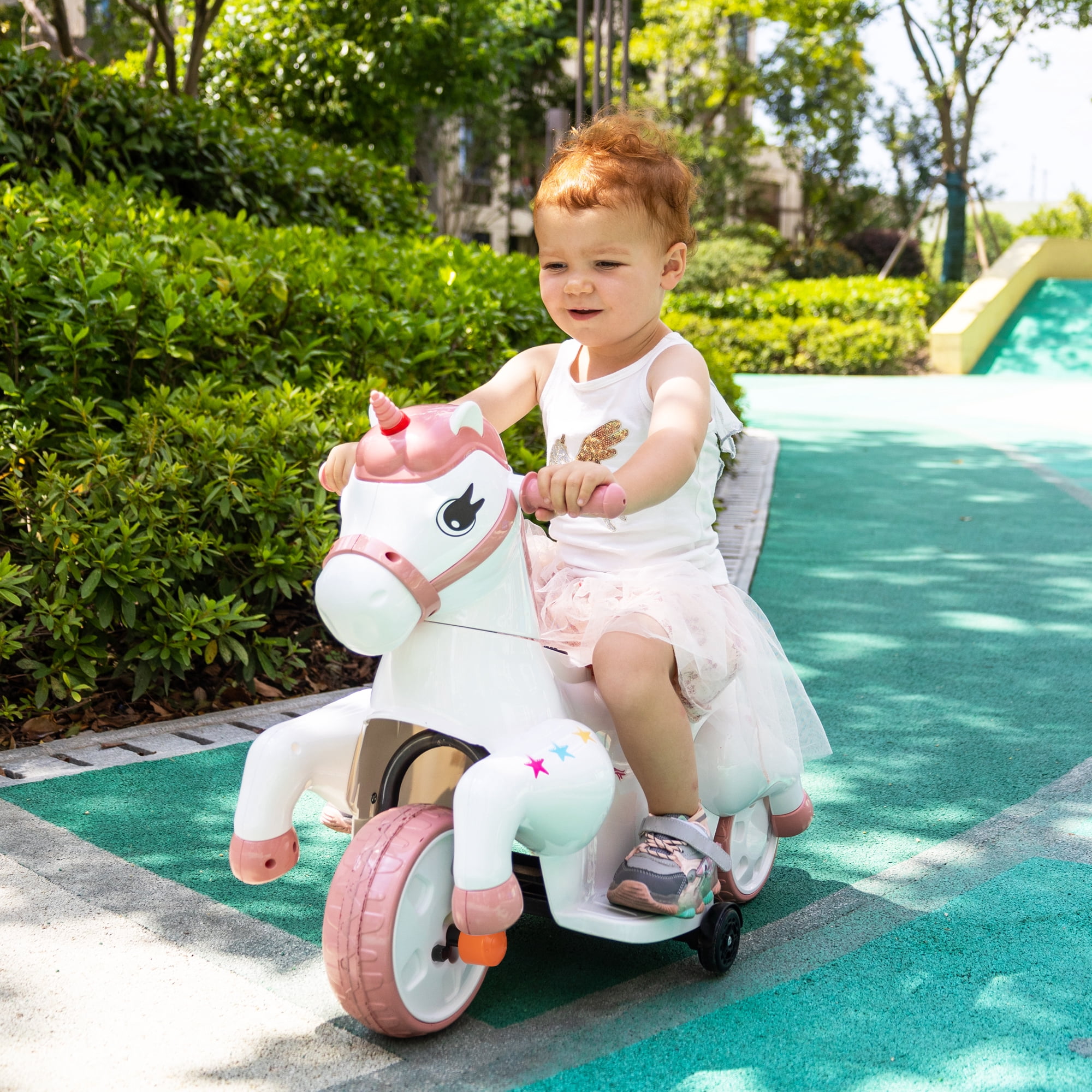 Jaxpety Ride on Unicorn,6V Electric Rocking Horse with Music,Charging Battery,Great Gift for Kids 3-6 Years Old,Pink