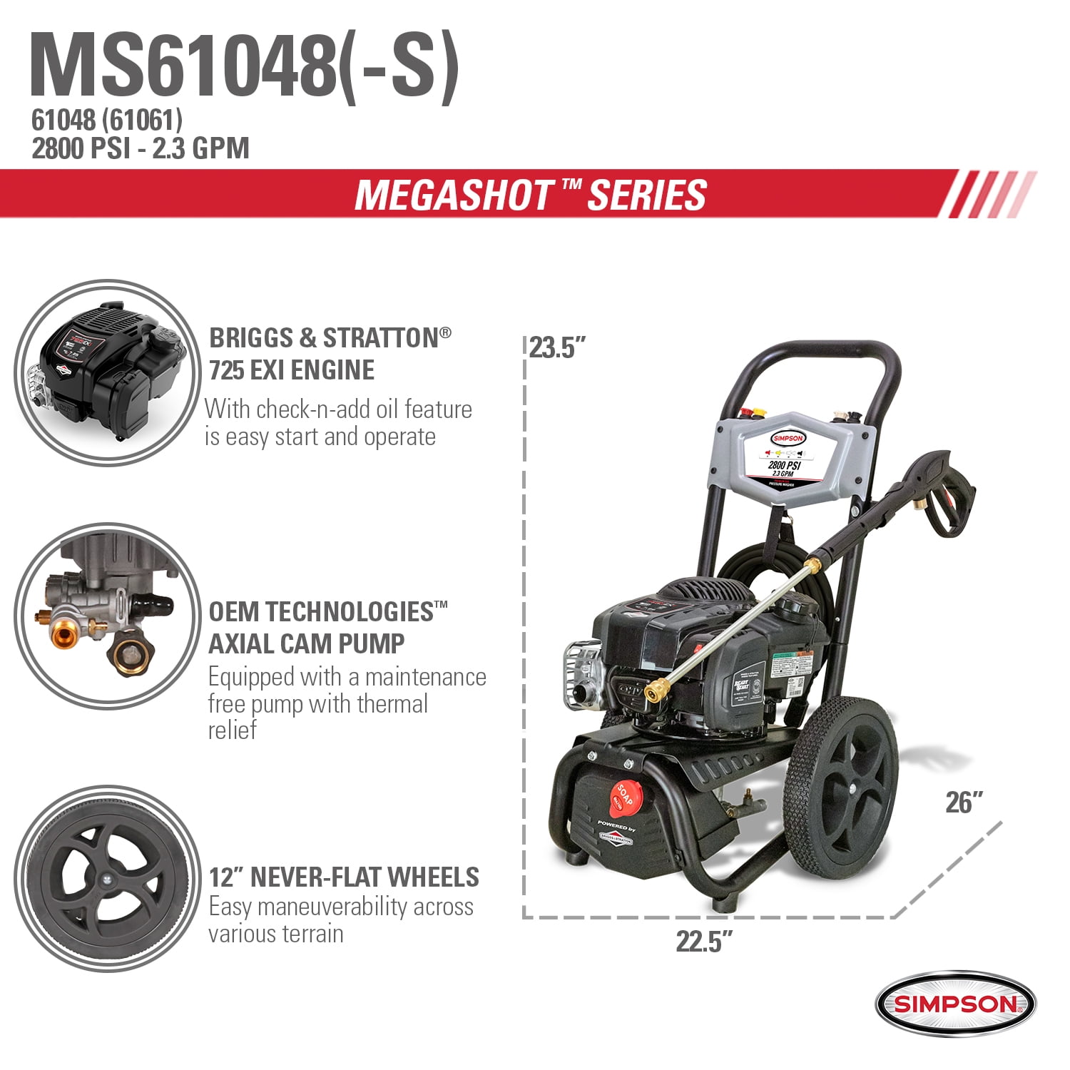 Megashot MS61048 S 2800 PSI at 2.3 GPM BRIGGS STRATTON with OEM Technologies Axial Cam Pump Cold Water Premium Residential Gas Pressure Washer