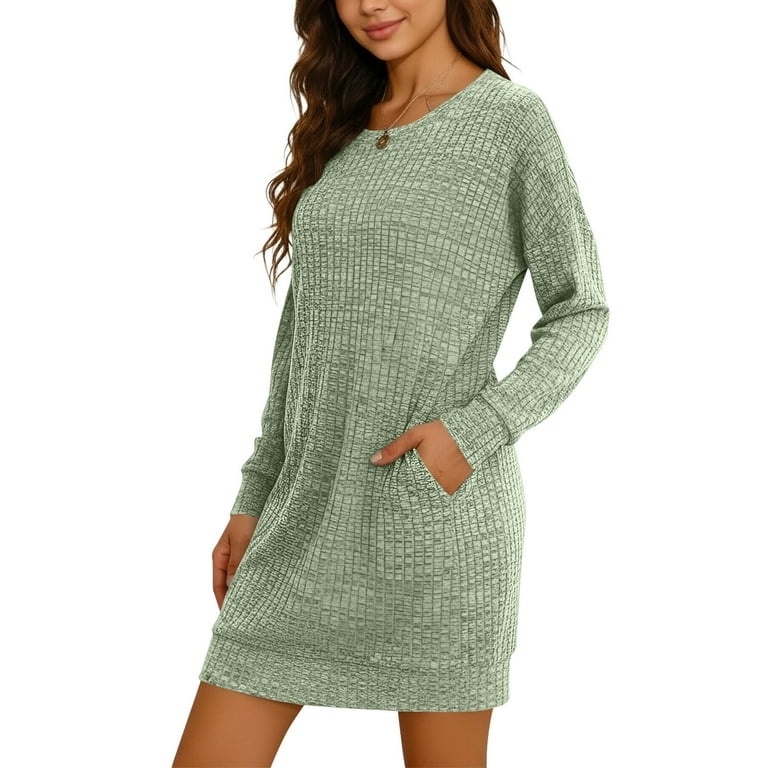 Vetsdori Long Sleeve Mini Dresses for Women Party Dresses Holiday Crew Neck Summer Solid Color Pockets Tunic Ladies Dress, Women's, Size: Small, Green
