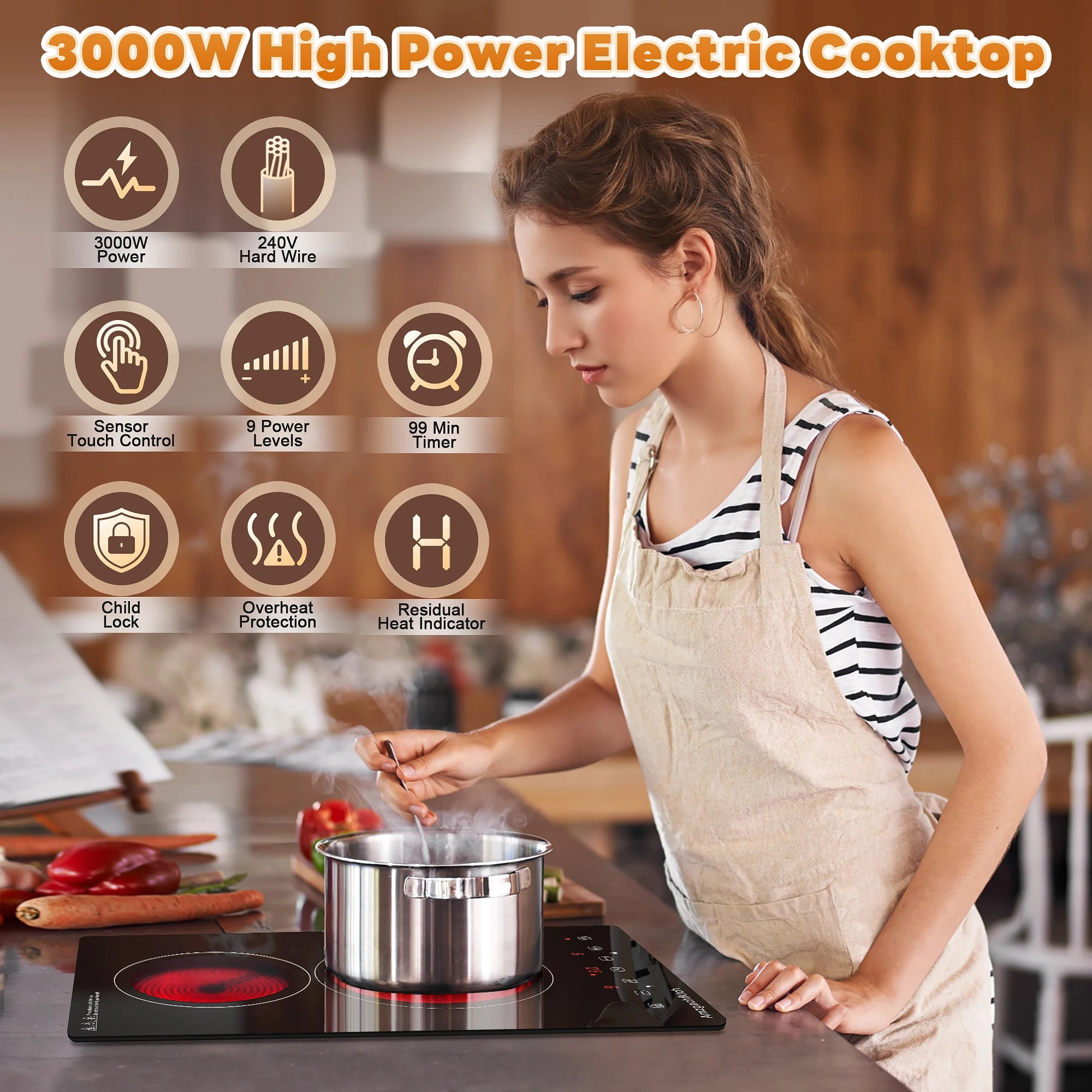 Electric Cooktop 12 inches 2-Burner, 3000W Touch Built-In Electric Stove Top, Black Glass