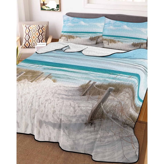 Summer Beach Queen Size Down Alternative Comforter, Lightweight Comforter Quilt Bedding Set with Pillow Shams Coastal Ocean Seaside Sky Scenery All Seasons Bed Comforter Duvet Insert 90"x96"
