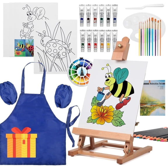 Kids Acrylic Painting Starter Kit with Table Easel, 52-Piece Art Set Including Paints, Brushes, Canvas Panels and Art Smock for Beginners