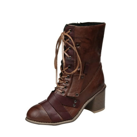 

Ferndule Womens Side Zipper Chelsea Booties Work Lightweight Studded Comfort Lace Up Mid Heel Boot Brown 5.5