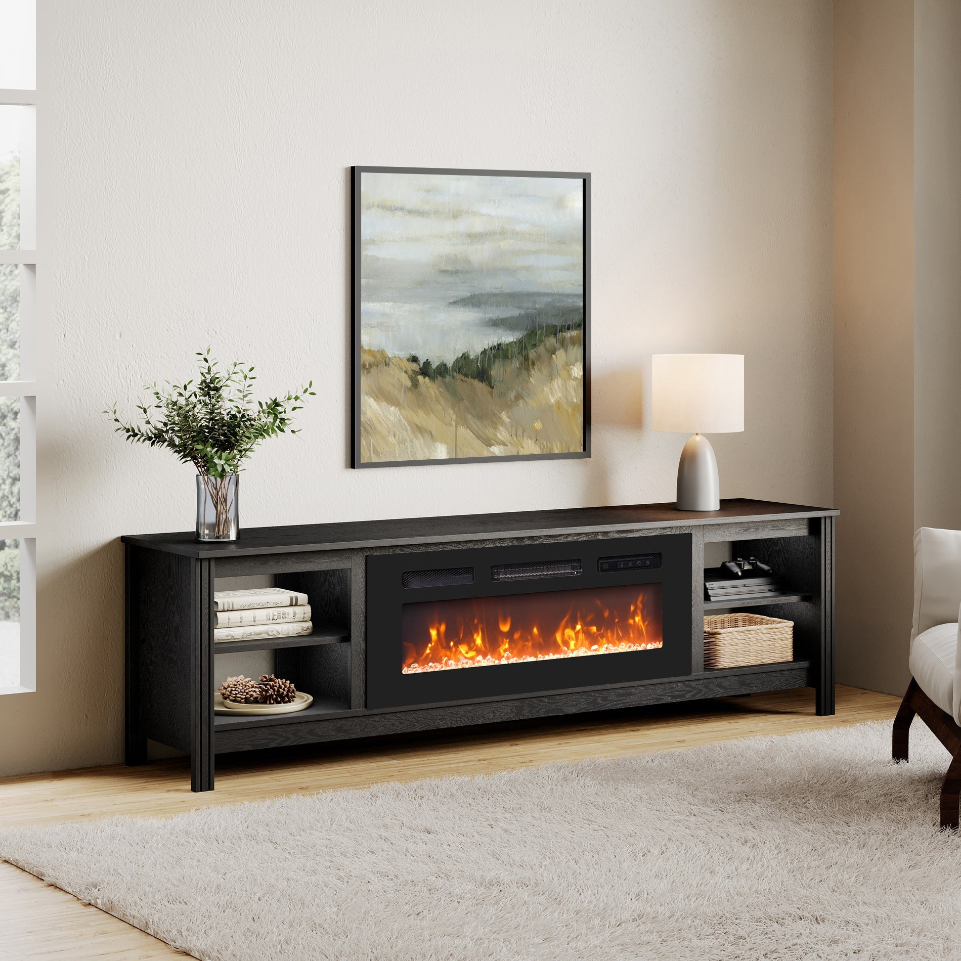 FITUEYES Mid-Century Fireplace TV Stand for TVs up to 75 Inch, Modern Entertainment Center for 70 inch TV, Media Table with 4 Storages for Living Room Bedroom, Black