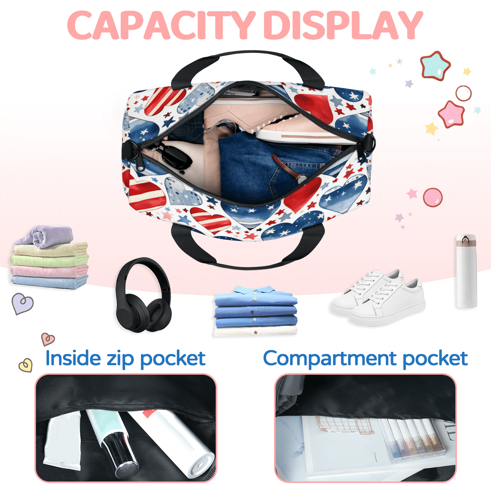 Herdesigns 4th Of July Heart Travel Duffle Bag Sports Yoga Weekender Overnight Carry on Workout Bags Lightweight Waterproof Gym Tote Bag for Women