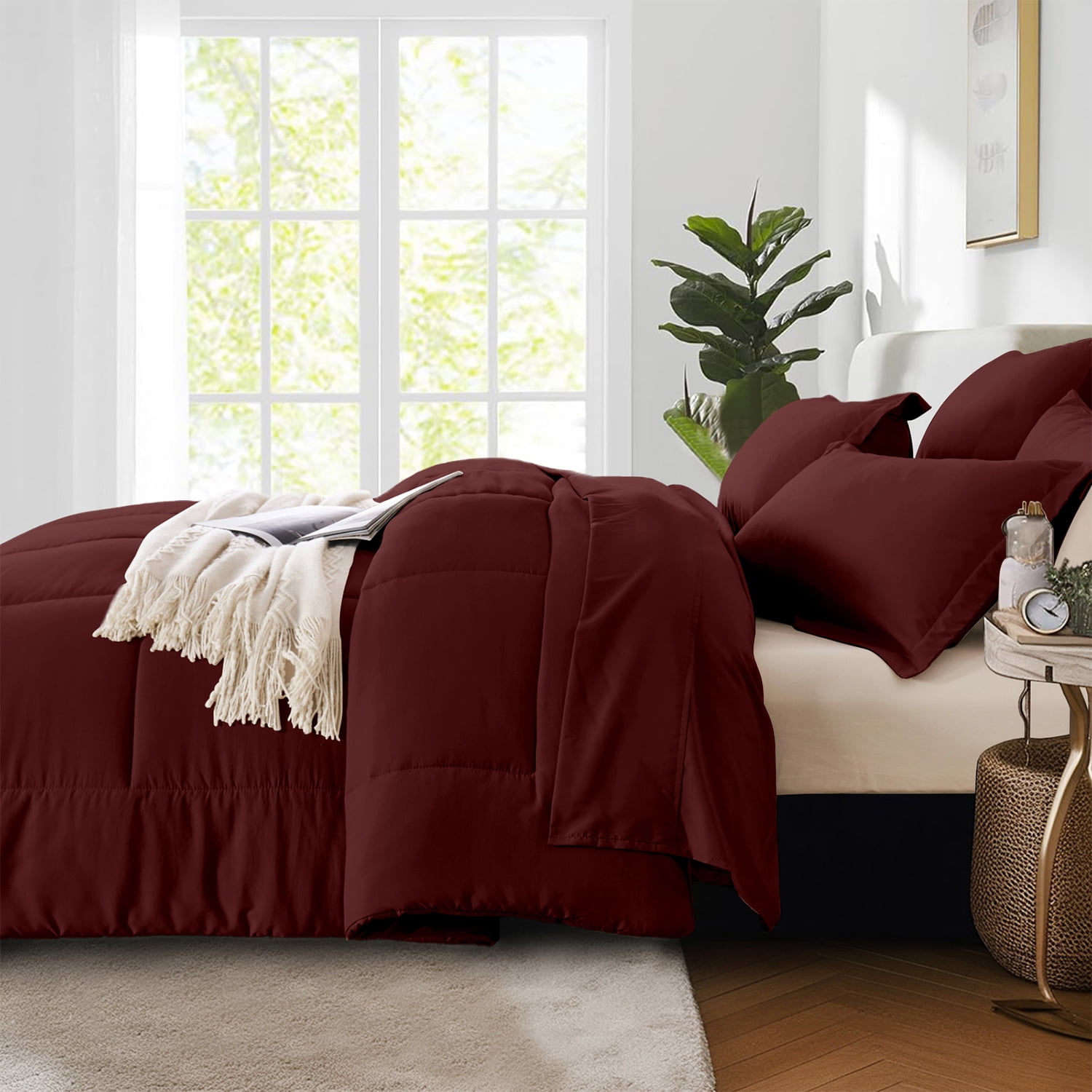 Flymme Queen Comforter Set Burgundy Bed in a Bag Queen Size 7 Pieces Soft Bed Set for All Seasons Lightweight Microfibe Red Bedding Set for Women Man